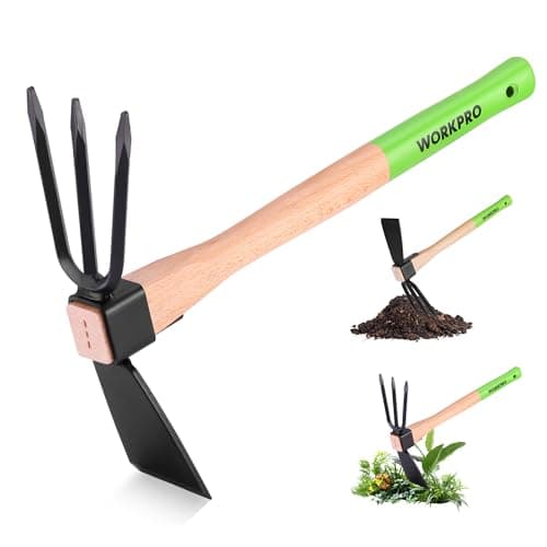 Image of WORKPRO 2-in-1 Garden Hoe and Cultivator, Garden Rake with 36 cm Wooden Handle, Hoe Head and 3-Claw Tiller, Heavy Duty Gardening Tool for Digging, Loosening Soil, Weeding and Cultivating