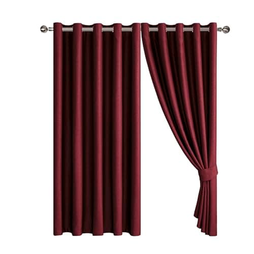 Image of Blackout Curtains Embossed Leaf Jacquard - Polyester Room Darkening Eyelet Grommet Panels, Thermal Insulated Solid Foliage Pattern with Tiebacks Included (Burgundy, 46" x 54" (116 x 137 cm))