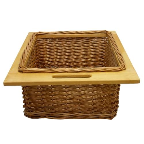 Image of Pull out Wicker Basket Drawer 500mm Kitchen Storage Solution Larder Base Unit Cupboard with Handle Rustic Pine Wood Farmhouse Style 100% Handmade Rattan Brown