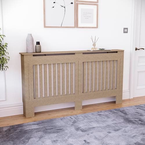 Image of Vida Designs Chelsea Radiator Cover Unfinished - Large - Modern Vertical Slat Design For Optimal Heat Circulation - H82xW152xD19cm - Unpainted MDF Cabinet Ideal For Living Room & Hallway