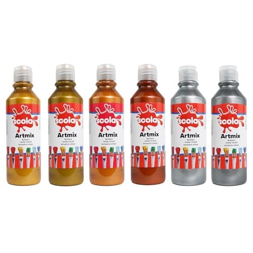 Image of Scola Readymix Water Based Tempera Paint, 6 Assorted Metallic Colours, 300ml Bottles, Safe Non-Toxic Poster Paints, Craft Projects, Suitable for 3+