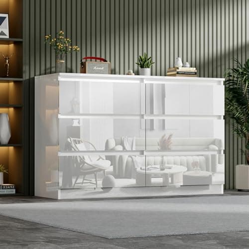 Image of BSTSEL White High Gloss 6/8 Drawer Cabinet,Tall Wide Storage Chest of Drawers, No Handle Sleek Design Bedroom Furniture For Office 120 (L) x 77(H) cm(6 Drawer Cabinet)