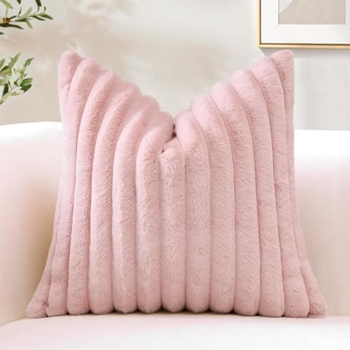 Image of Sungeek Set of 1 Blush Pink Faux Rabbit Fur Cushion Cover 45x45 cm, Soft Cozy Plush Striped Decorative Throw Pillow Covers 18x18 Inch Velvet Square Pillowcases for Sofa Bedroom