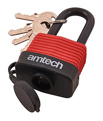 Image of Amtech T0760 40mm Long Shackle Weatherproof Padlock, Outdoor Padlock, 4 Keys, Wide Range of Security Applications Black & Red