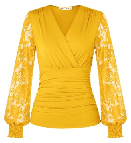 Image of GRACE KARIN Women’s Long Sleeve Tops Elegant Wrap V-Neck Ruched Tunic Blouses Casual Vintage Blouse Shirt Yellow XL