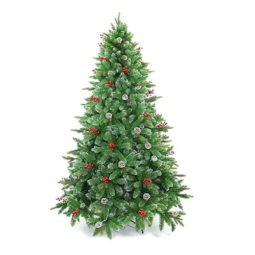 Image of 8ft/240cm Snowy Tips Artificial Christmas Tree with Berries, Frosted Cones, Stockholm Pine Luxury Natural Looking Flocked Tips, Hinged Bushy Branches, Metal Stand - Xmas Home Holiday Decorations