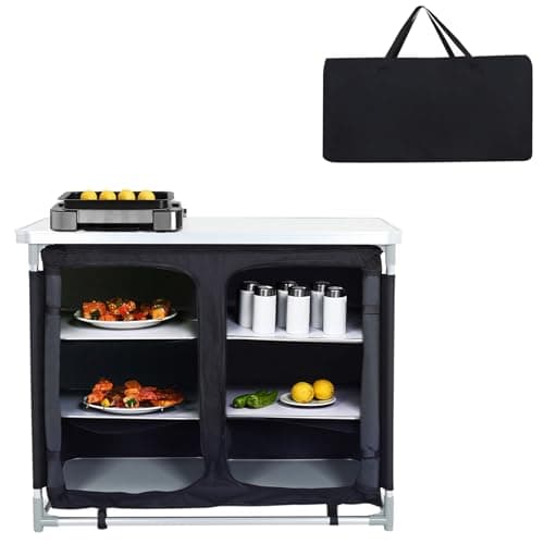 Image of Warmiehomy Folding Camping Table Storage Cupboard Portable Camping Kitchen Unit with Aluminium Frame, 1 double cupboard, 100×50×80cm