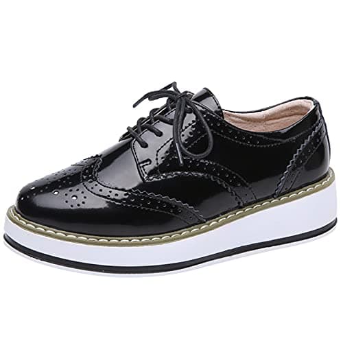 Image of ANUFER Women's Lace-Up Brogues Trainers Shoes Causal Platform Creepers Black Patent SN02887 UK6.5