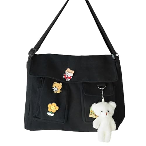 Image of CRITIVE-S Canvas Messenger Bag Shoulder Bag, Cross Body Bag Women with 4 Cute Badges and 1 Bear Pendent, Large Mens Satchel Bag Multiple Pockets, Tote Bag Adjustable Shoulder Strap(Black)