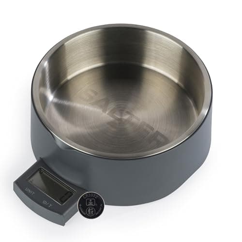Image of Salter Digital Pet Food Scale – Smart Dog Bowl, Add & Weigh Tare Function, Measures Liquids, Pull Out LCD Display, Kitchen Food Weighing Bowl, 5 kg Capacity, Stainless Steel Bowl, Cat Feeder, Grey