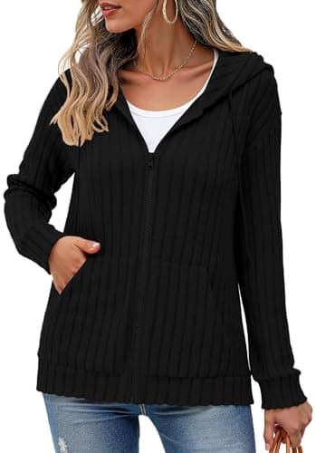 Image of YGJIEGENG Zipper up Hoodies for Women UK Long Sleeve Hooded Jackets with Pockets Lightweight Casual Hoodies Sweatshirt for Autumn Winter,Black,XXL