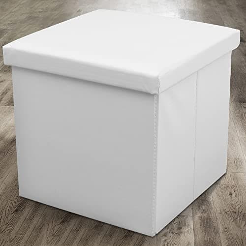 Image of Home Republic Storage Ottoman – Foldable Cube Ottoman with Lid – Small or Large Foot Rest Bench with Storage (White Faux Leather, 38 x 38cms 1 Seater)