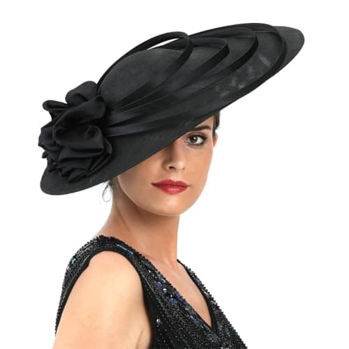 Image of OWEIEYEU Womens Black Large Flower Fascinator Sinamay Church Hat Wedding Party Headband Derby Hat Black