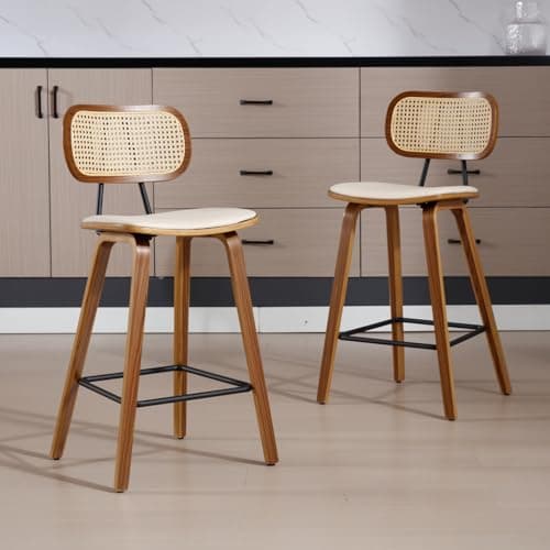 Image of chairus Bar Stools Set of 2 PU Leather Counter Bar Chairs Wooden Breakfast High Stool for Kitchen with Rattan Backrest (Beige)