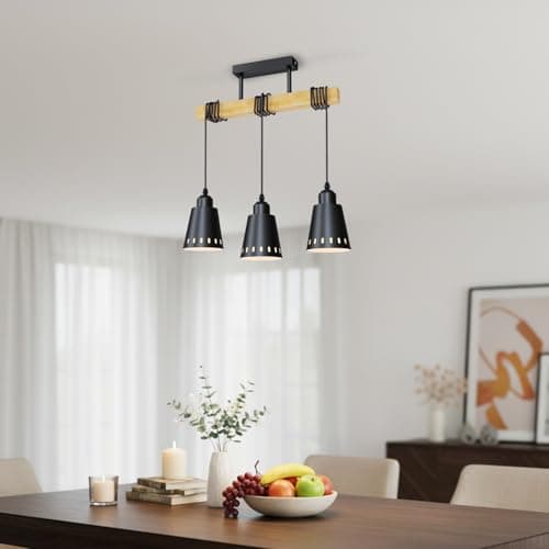Image of LVWIT Black Hanging Lights,Kitchen Island Lights,Pendant Lighting,Wood Ceiling Light Fitting,3 Way Drop Lights Ceiling,Industrial Ceiling Lights for Lving and Dining Room(E27 Base,NO Bulbs)
