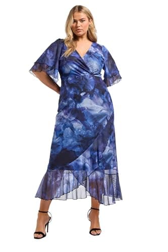 Image of Yours London Curve Blur Floral Print Wrap Dress - Women's - Plus Size Curve Blue