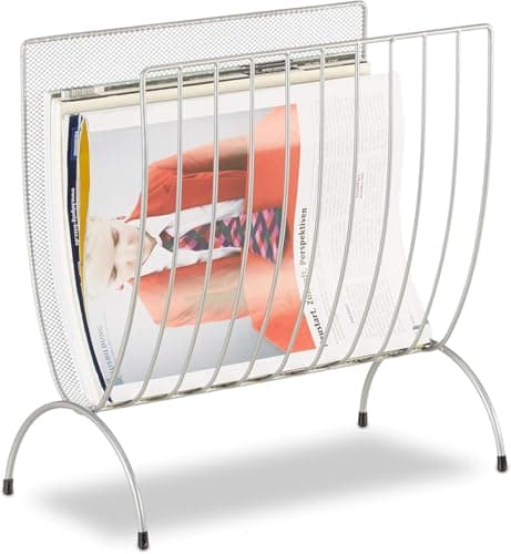Image of Unibos | Silver Mesh Newspaper Stand, Metal Newspaper Bin, Freestanding Rack, H x W x D 35 x 34 x 18 cm