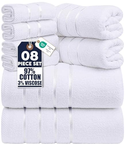 Image of Utopia Towels 8-Piece Luxury Towel Set, 2 Bath Towels, 2 Hand Towels, and 4 Wash Cloths,97% Ring Spun Cotton Highly Absorbent Viscose Stripe Towels Ideal for Everyday use (White)