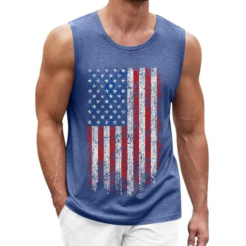 Image of AIDTFUIEY Mens Vests American Flag Printed Sleeveless Casual Tank Top Regular Fit Breathable Patriotic Gym Top For Workout Training Running Cycling Outdoor Activities (Blue, M)