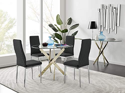 Image of Furniturebox UK Novara Modern Stylish Round Gold Metal and Clear Glass Dining Table and 4 Contemporary Milan Dining Chairs Set (Dining Table + 4 Black Milan Chairs)
