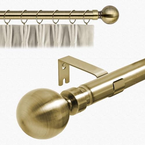 Image of Aspire Homeware Curtain Poles Metal Plain Ball Extendable Curtain Pole 160 cm to 300 cm Antique Brass Adjustable Curtain Rod 28 mm Diameter with 60 mm Finials, Rings, Brackets, and Fittings Set
