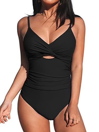 Image of CUPSHE Women's Swimming Costume Tummy Control Swimwear Twist Front Cutout Adjustable Straps Ruched One Piece Swimsuit Black M