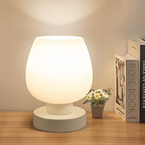 Image of ONEWISH Touch Bedside Table Lamp - Modern Small Lamp for Bedroom Living Room Nightstand, Desk lamp with White Opal Glass Lamp Shade,6W Warm LED Bulb, 3 Way Dimmable, Simple Design