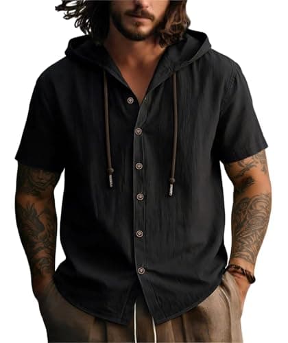 Image of Hello MrLin Lyocell Linen Shirts Men Summer Casual Button Down T Shirts for Men UK Lightweight Beach Holiday Short Sleeve Shirts with Hood Black