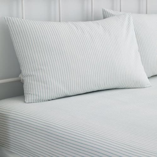 Image of Dreams & Drapes - Blue Pinstripe Double Fitted Sheet (190 x 140 x 28cm) - Luxury Polycotton Bed Sheet - Matching Duvet Cover Available - White Bed Sheet with Blue Stripes