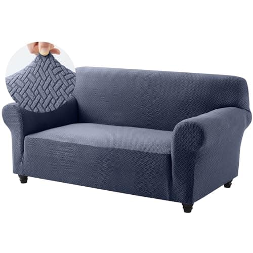 Image of Hafaa High Stretch Sofa Cover 2 Seater Spandex Elastic Fit Loveseat Sofa Slipcovers T Shape - Super Soft Non Slip Couch Covers Washable Furniture Protector for Pets/Kids/Dogs (Blue Grey)
