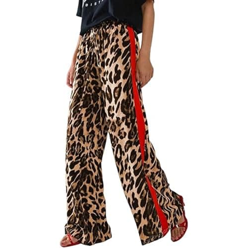 Image of Generisch Women's Summer Thin Casual Trousers with Drawstring Leopard Print Side Stripes Straight Leg Wide Leg Loose Trousers, brown, S