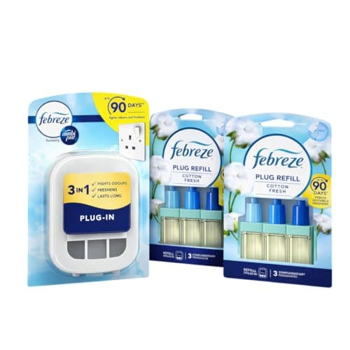 Image of Febreze 3Volution Plug In Air Freshener Starter Kit 1 PLUG Device + 2 REFILLS bundle, COTTON FRESH Scent, Odour Eliminator & Electric Diffuser, Continuous Home Fragrance, Long Lasting Scent