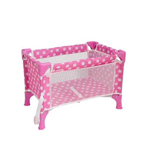 Image of Dolly Tots Travel Dolls Pink Polka Dot Cot | Collapsible Travel Crib Toy for Dolls | Doll Nursery Cot & Accessories | Role Play Doll Pram & Pushchair Toys | Perfect for Kids Ages 3+