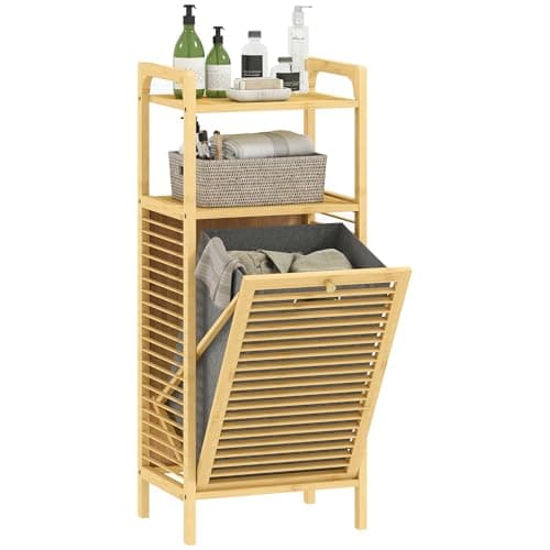 Image of HOMCOM Bamboo Laundry Cabinet with Slatted Door, Bathroom Cabinet with Tilt-Out Hamper and Removable Liner Bag, 40 x 30D x 95 cm, Natural Wood Finish