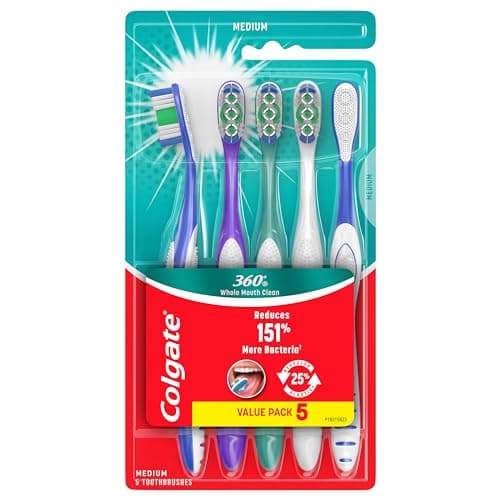 Image of Colgate 360 Whole Mouth Clean Toothbrush, Adult Medium Toothbrushes, 5 Pack