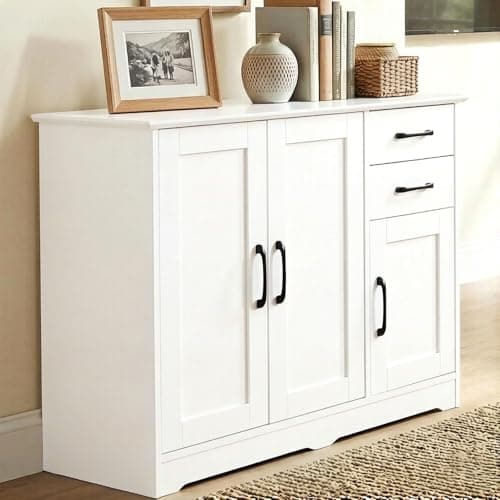 Image of Warmiehomy White Sideboard, Wooden Kitchen Cupboard Storage Cabinet, Large Buffet Sideboard with 3 Doors 2 Drawers & Adjustable Shelves for Dining Room, Living Room, Bedroom, 100x40x77cm