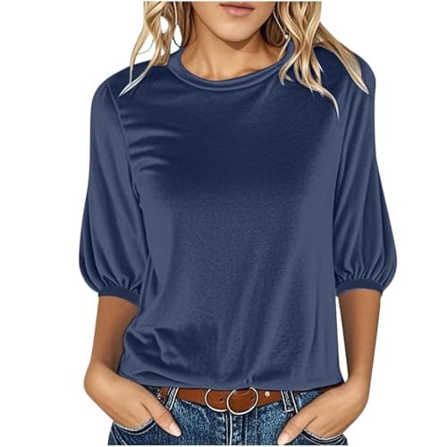 Image of Velvet Tops for Women UK 3/4 Sleeve Crew Neck T Shirts Plus Size Casual Blouses Loose Fit Longline Tunic Tops Solid Color Long Length Blouse Party Elegant Shirt Navy