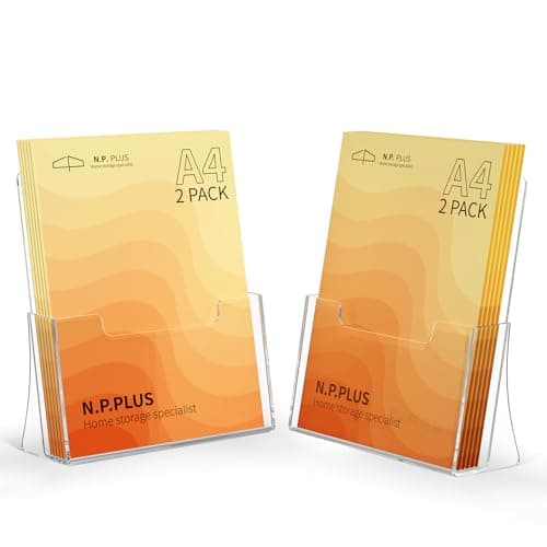 Image of NPPLUS A4 Acrylic Leaflet Holder: 2 Pack Clear Brochure Stand Holder, Counter Booklet Holder for Flyers, Posters, Catalogs, Freestanding Menu Display Rack for Restaurant, Retail, Hotel