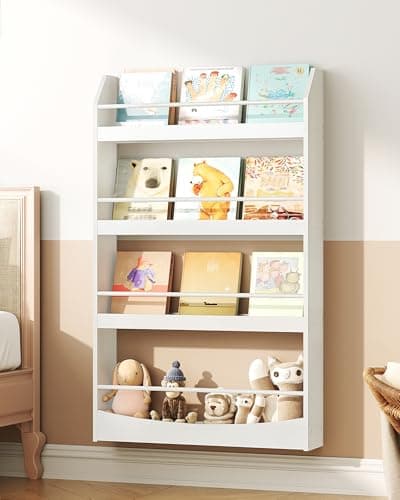 Image of CHOEZON Kids Bookshelf Wall Mounted, 4-Tier Children's Bookcase, Sling Book Shelf for Kids Room, Storage Book Rack for Nursery, Bedroom, Living Room, Playroom, White DMCW13WB