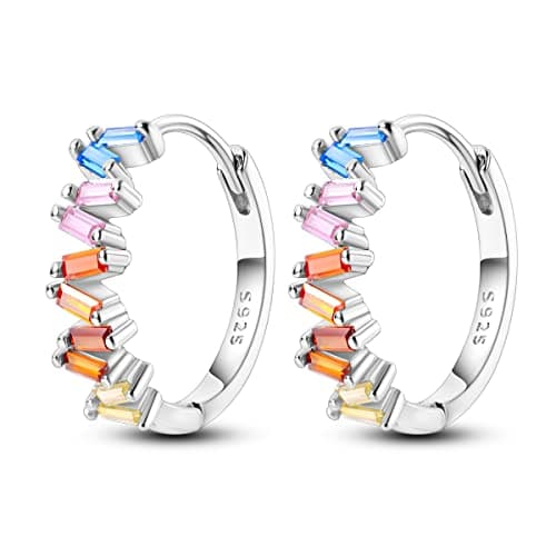 Image of Hapour Tiny Rainbow Hoop Earrings 925 Sterling Silver | Inlaid Colorful Cubic Zirconia Huggie Earrings for Women as Birthday Gift-Multicolored Stones