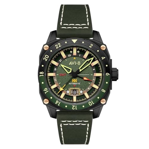 Image of AVI-8 Men's 44mm Hawker Hunter Atlas GMT Automatic Amazon Green Watch with Leather Strap AV-4122-03