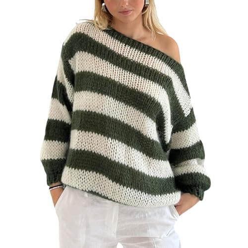 Image of FeMereina Women's Knit Striped Sweater Oversized Color Clock Long Sleeve Crewneck Pullover Jumpers Cute Trendy Sweater (Army Green#1, S)