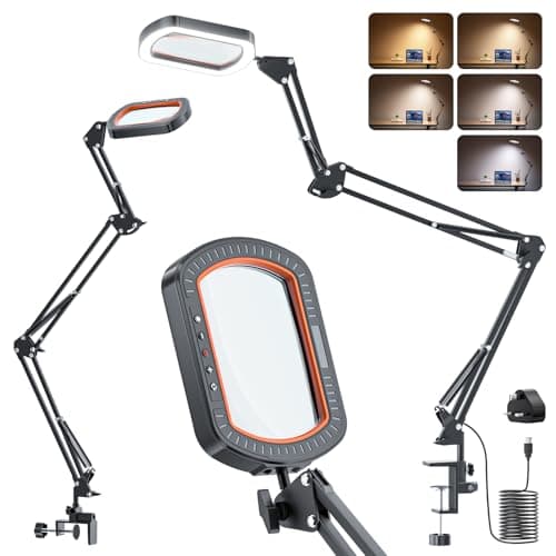 Image of 10X Rectangle Magnifying Glass with Light and Clamp, 3 Arms 5 Color Modes Large Magnifying Glasses LED Desk Lamp Hands Free Magnifier for Reading Crafts Jeweller Repair Painting Close Work Hobbies