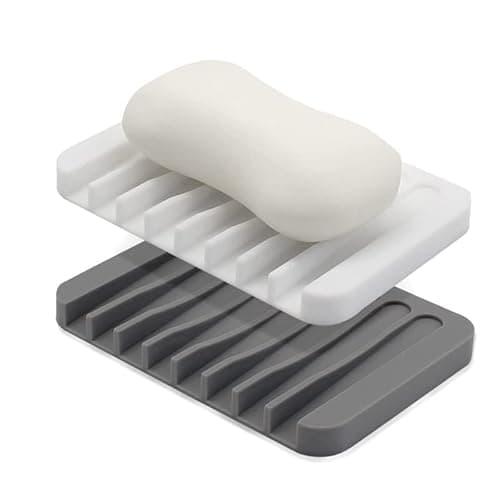 Image of 2 Pack Silicone Soap Dish with Drainage, Non-Slip and Portable Holder for BShower, Bathroom, Kitchen (Grey, White)