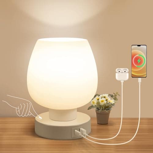 Image of ONEWISH Touch Bedside Table Lamp - Small Lamp for Bedroom with USB C+A Charging Ports 3 Way Dimmable, Nightstand Desk lamp with White Opal Glass Lamp Shade Warm LED Bulb Included, Simple Design Gifts
