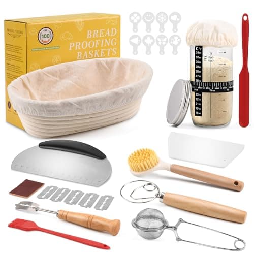 Image of Clheatky Sourdough Starter Set, Complete Sour Dough Starter Kit With Jar, 25cm Oval Banneton Proofing Baskets, 11 PCS Bread Making Accessories, Bread Fermentation Basket Gift Set for Baking Lover