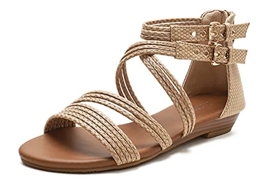 Image of Pexuya Women's Summer Roman Flat Sandals PU Leather Comfort Adjustable Sandals S94 (Beige, UK 6.5)