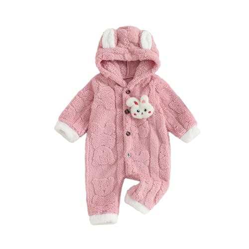 Image of JCOPLY Newborn Baby Girl Romper Long Sleeve Button or Zipper Hooded Jumpsuit Cute Cartoon Bunny Snowsuit Fluffy Flannel Overalls Girls Winter Clothes (Pink, 6-9 Months)
