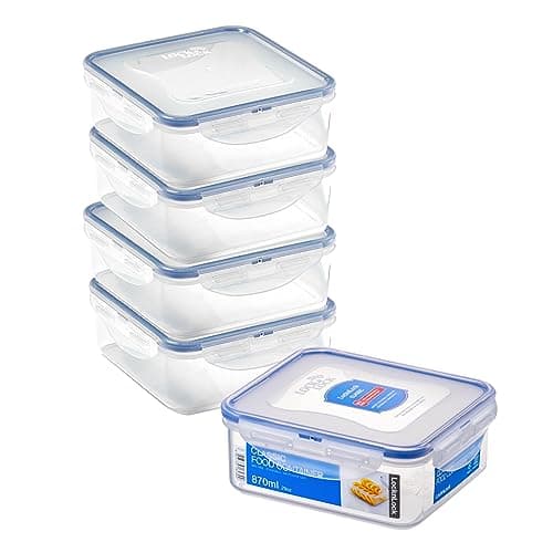Image of LocknLock Square Food Containers with Lids Set of 5 - Plastic Airtight & Watertight Food Storage Containers, BPA Free & Dishwasher Safe, 5 x 870ml