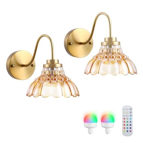 Image of Rechargeable Wall Lights 2 Pack Vintage Battery Operated Wall Lamp with Dimmable Detachable Charging Bulbs and Remote,15 RGB Wireless Wall Light with Amber Glass Lampshade for Living Room Bedroom